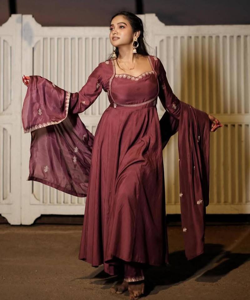 Chocolate silk blend embroidered gown set