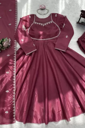 Chocolate silk blend embroidered gown set