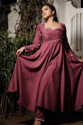 Chocolate silk blend embroidered gown set