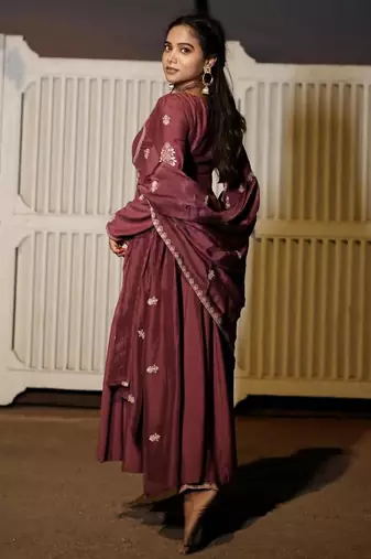 Chocolate silk blend embroidered gown set