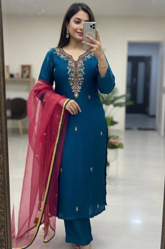 Navy blue silk blend embroidered trouser set