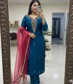 Navy blue silk blend embroidered trouser set