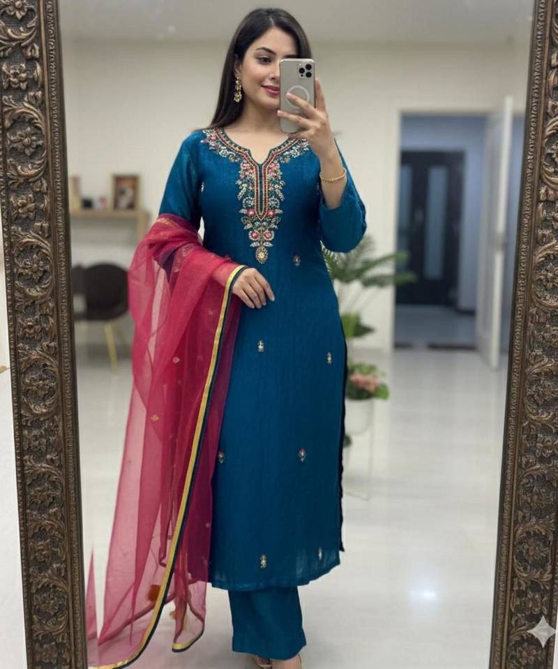 Navy blue silk blend embroidered trouser set