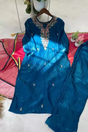 Navy blue silk blend embroidered trouser set