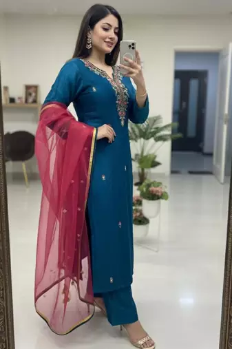 Navy blue silk blend embroidered trouser set