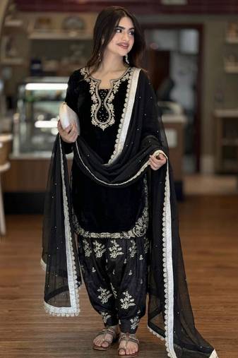 Black silk blend embroidered FARSHI SALWAR set