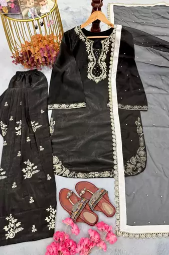 Black silk blend embroidered FARSHI SALWAR set