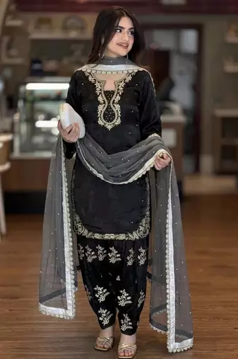 Black silk blend embroidered FARSHI SALWAR set