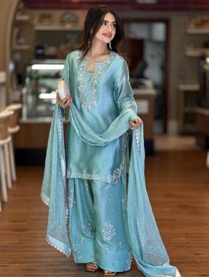 Sky blue silk blend embroidered trouser set 1