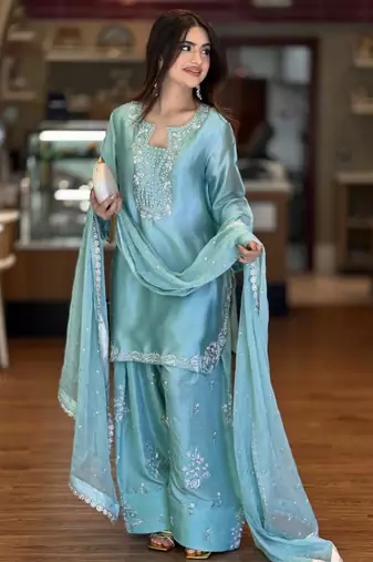 Sky blue silk blend embroidered trouser set