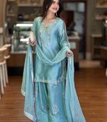 Sky blue silk blend embroidered trouser set