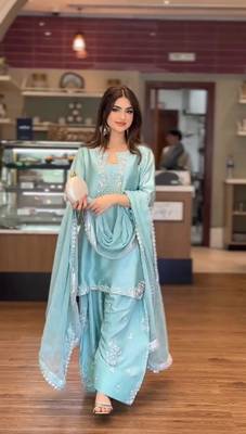 Sky blue silk blend embroidered trouser set 2