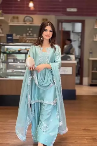 Sky blue silk blend embroidered trouser set