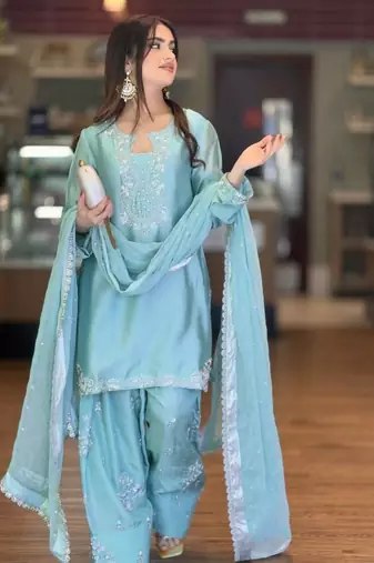 Sky blue silk blend embroidered trouser set