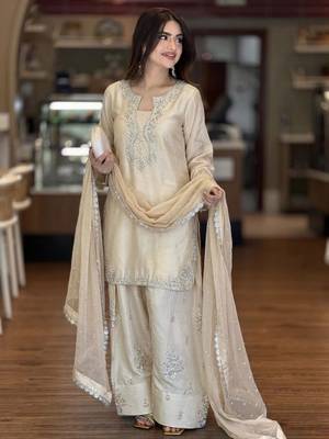 Beige silk blend embroidered FARSHI SLAWR KAMEEZ set 1