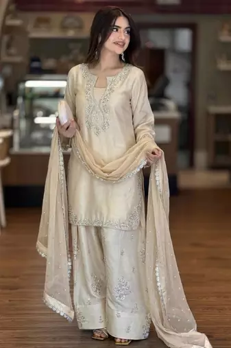 Beige silk blend embroidered FARSHI SLAWR KAMEEZ set