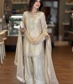 Beige silk blend embroidered FARSHI SLAWR KAMEEZ set