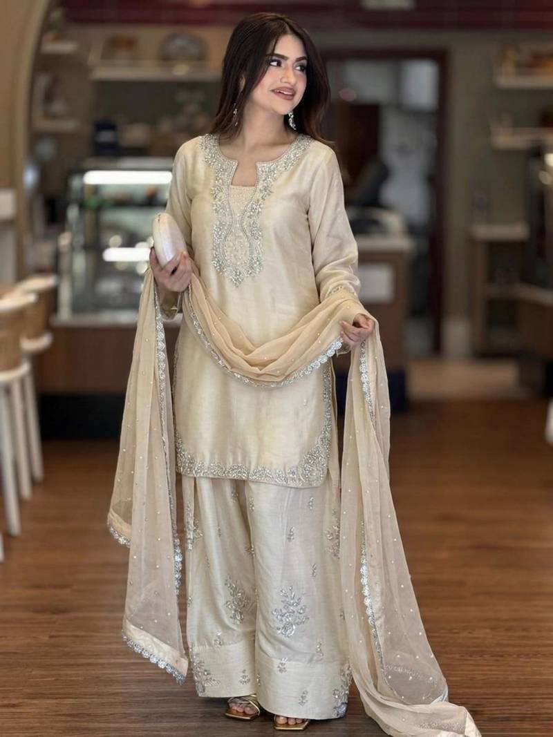 Beige silk blend embroidered FARSHI SLAWR KAMEEZ set