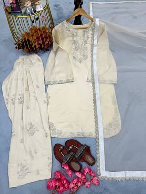 Beige silk blend embroidered FARSHI SLAWR KAMEEZ set 3
