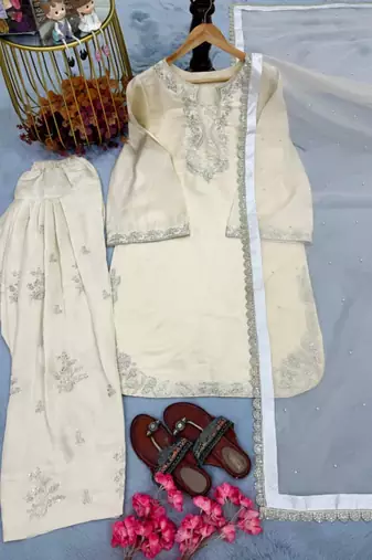 Beige silk blend embroidered FARSHI SLAWR KAMEEZ set