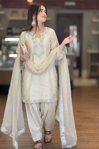 Beige silk blend embroidered FARSHI SLAWR KAMEEZ set