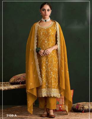 Mustard embroidered vichitra silk salwar suit 1