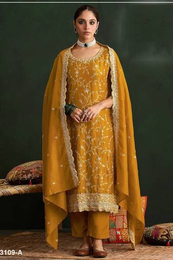 Mustard color embroideried vichitra silk semi stitched salwar suit