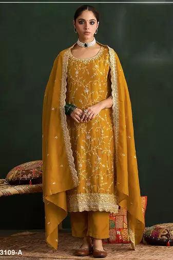Mustard color embroideried vichitra silk semi stitched salwar suit