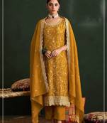 Mustard color embroideried vichitra silk semi stitched salwar suit