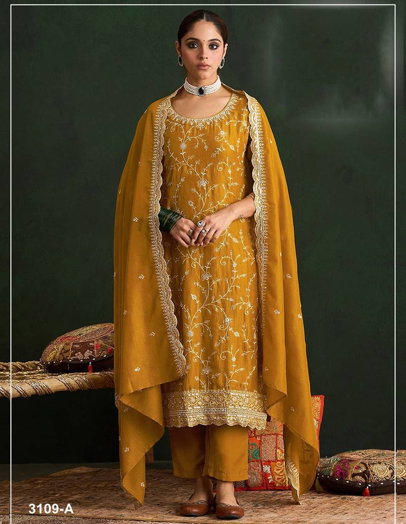 Mustard color embroideried vichitra silk semi stitched salwar suit