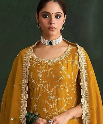 Mustard embroidered vichitra silk salwar suit 2