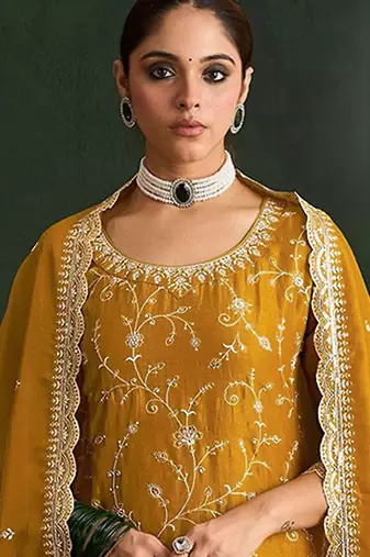 Mustard embroidered vichitra silk salwar suit