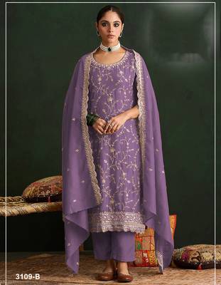 Lavender embroidered vichitra silk salwar suit 1