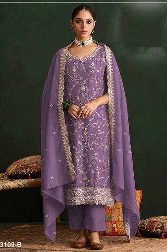 Lavender color embroideried vichitra silk semi stitched salwar suit