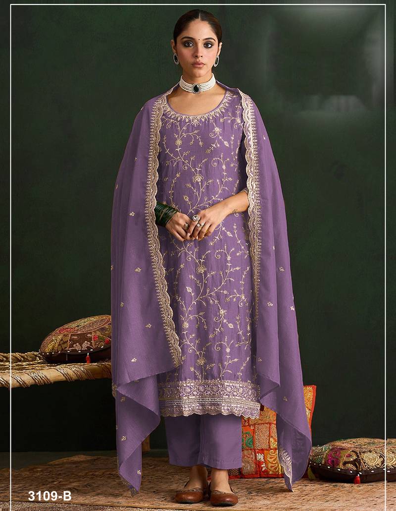 Lavender color embroideried vichitra silk semi stitched salwar suit