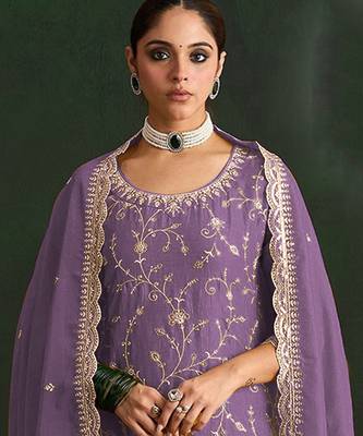Lavender embroidered vichitra silk salwar suit 2
