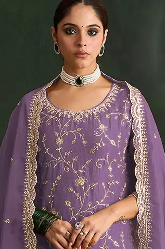 Lavender embroidered vichitra silk salwar suit
