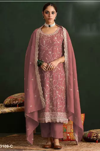 Gajari color embroideried vichitra silk semi stitched salwar suit