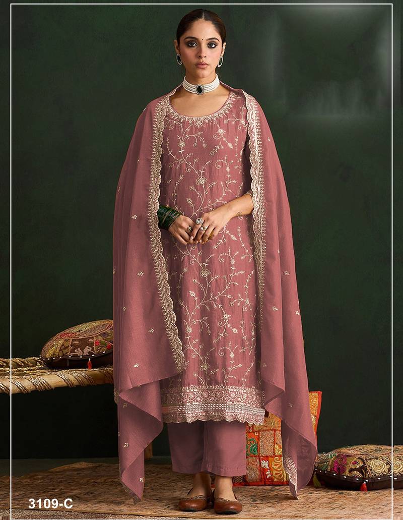 Gajari color embroideried vichitra silk semi stitched salwar suit