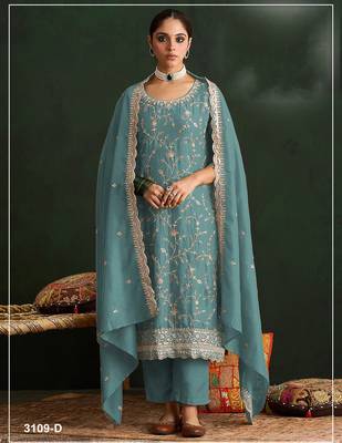 Mint embroidered vichitra silk salwar suit 1