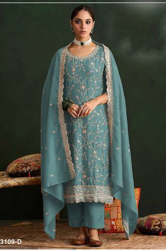 Mint color embroideried vichitra silk semi stitched salwar suit
