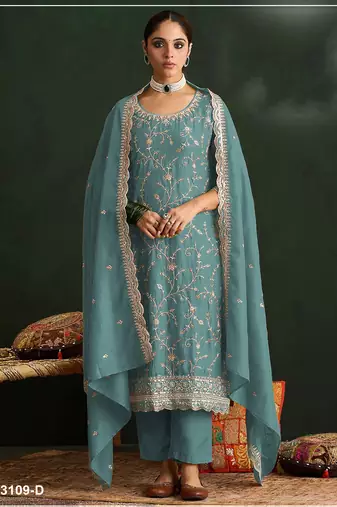 Mint color embroideried vichitra silk semi stitched salwar suit