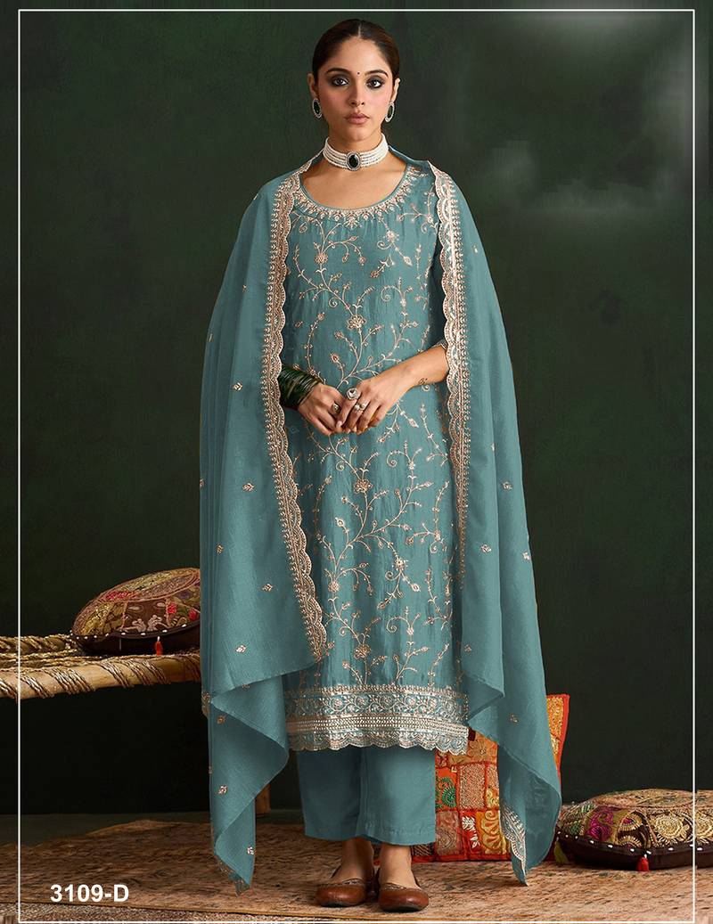 Mint color embroideried vichitra silk semi stitched salwar suit
