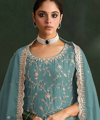 Mint embroidered vichitra silk salwar suit 2