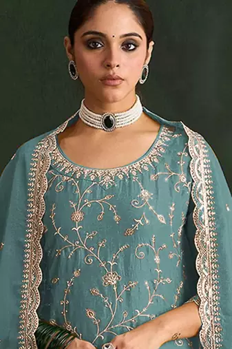 Mint embroidered vichitra silk salwar suit