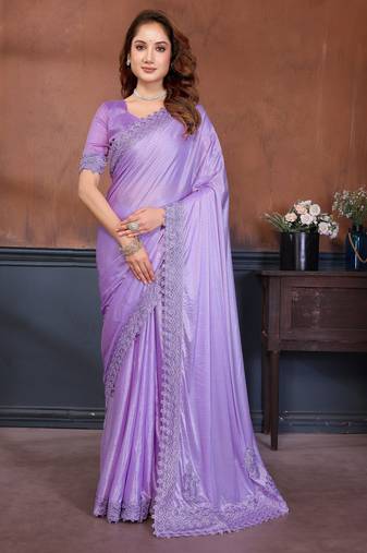 Lavender lycra dudrop polka dot lace embroiderd saree with matching blouse piece