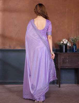 Lavender lycra dudrop polka dot lace embroiderd saree with matching blouse piece 2
