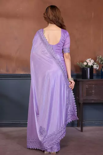 Lavender lycra dudrop polka dot lace embroiderd saree with matching blouse piece