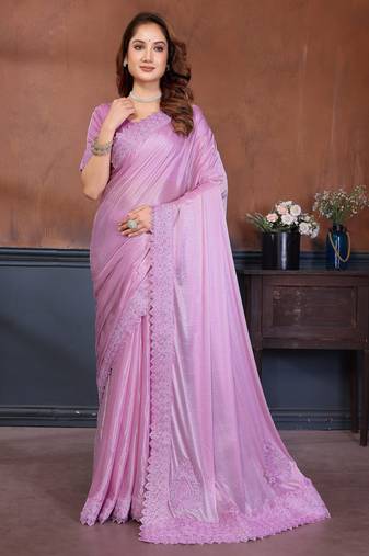 Pink lycra dudrop polka dot lace embroiderd saree with matching blouse piece