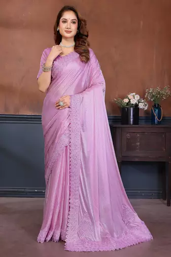 Pink lycra dudrop polka dot lace embroiderd saree with matching blouse piece